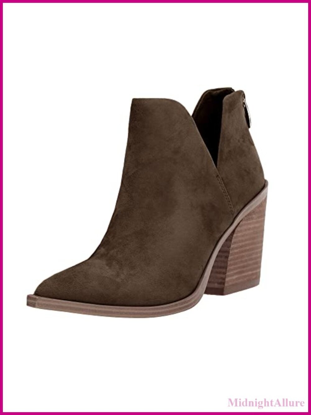 Faux Leather Pointed Toe Stacked Mid Heel Ankle Boots V Cut Back Zipper